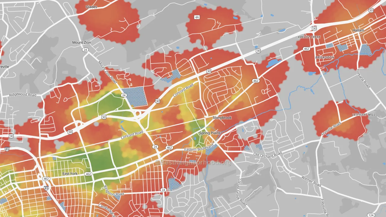 Walk Grade map of Springetts Manor-Yorklyn, York, PA, walkable areas in green and car-dependent areas in red