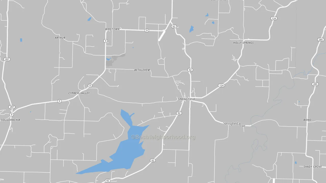 Walk Grade map of Springfield, AR, walkable areas in green and car-dependent areas in red