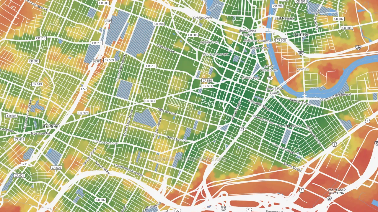 Walk Grade map of Springfield-Belmont, Newark, NJ, walkable areas in green and car-dependent areas in red