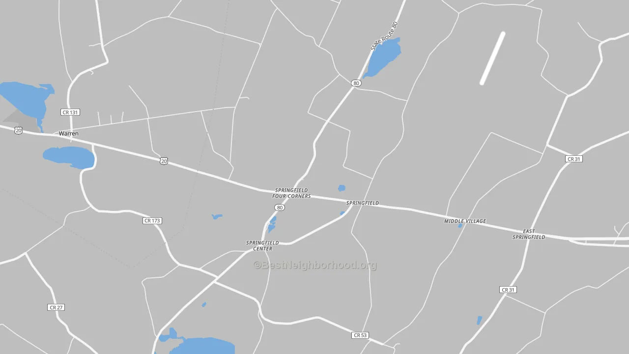 Walk Grade map of Springfield Center, NY, walkable areas in green and car-dependent areas in red