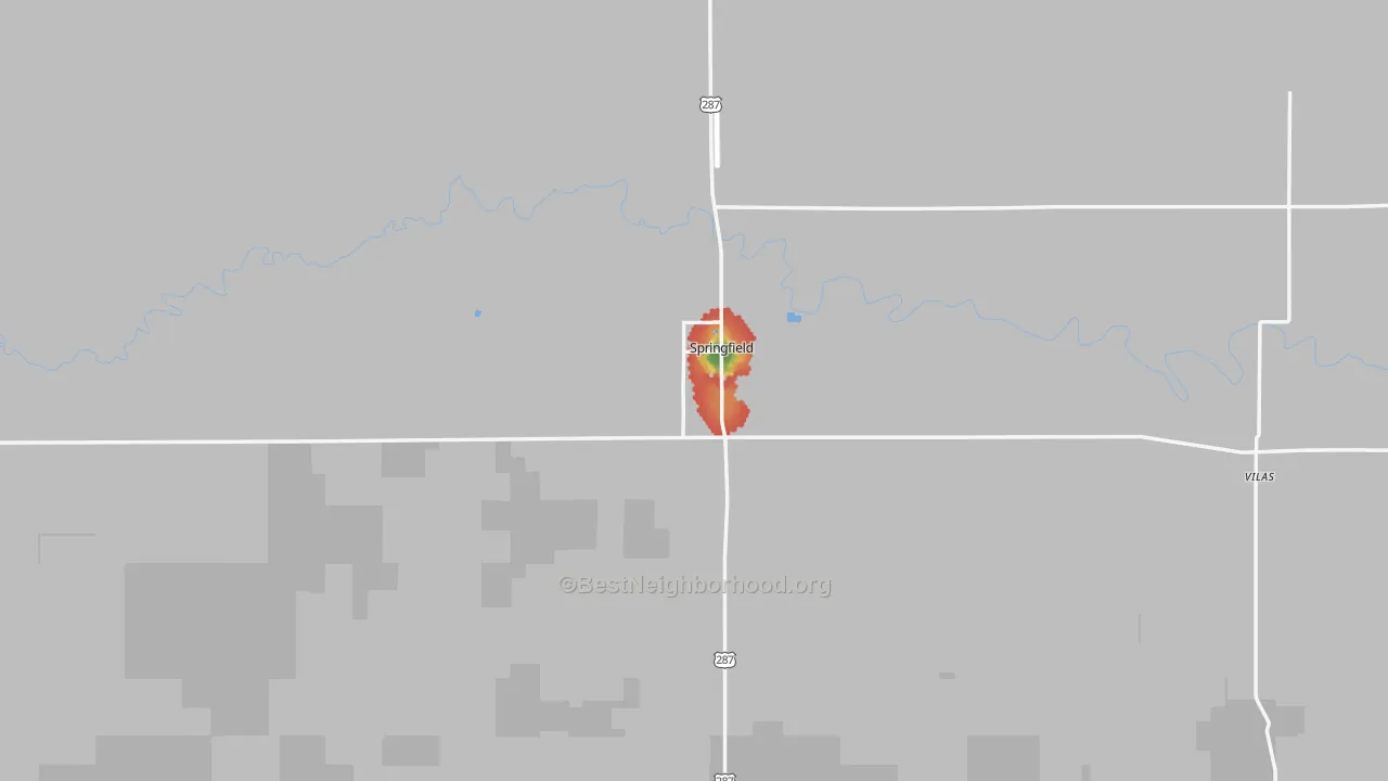 Walk Grade map of Springfield, CO, walkable areas in green and car-dependent areas in red