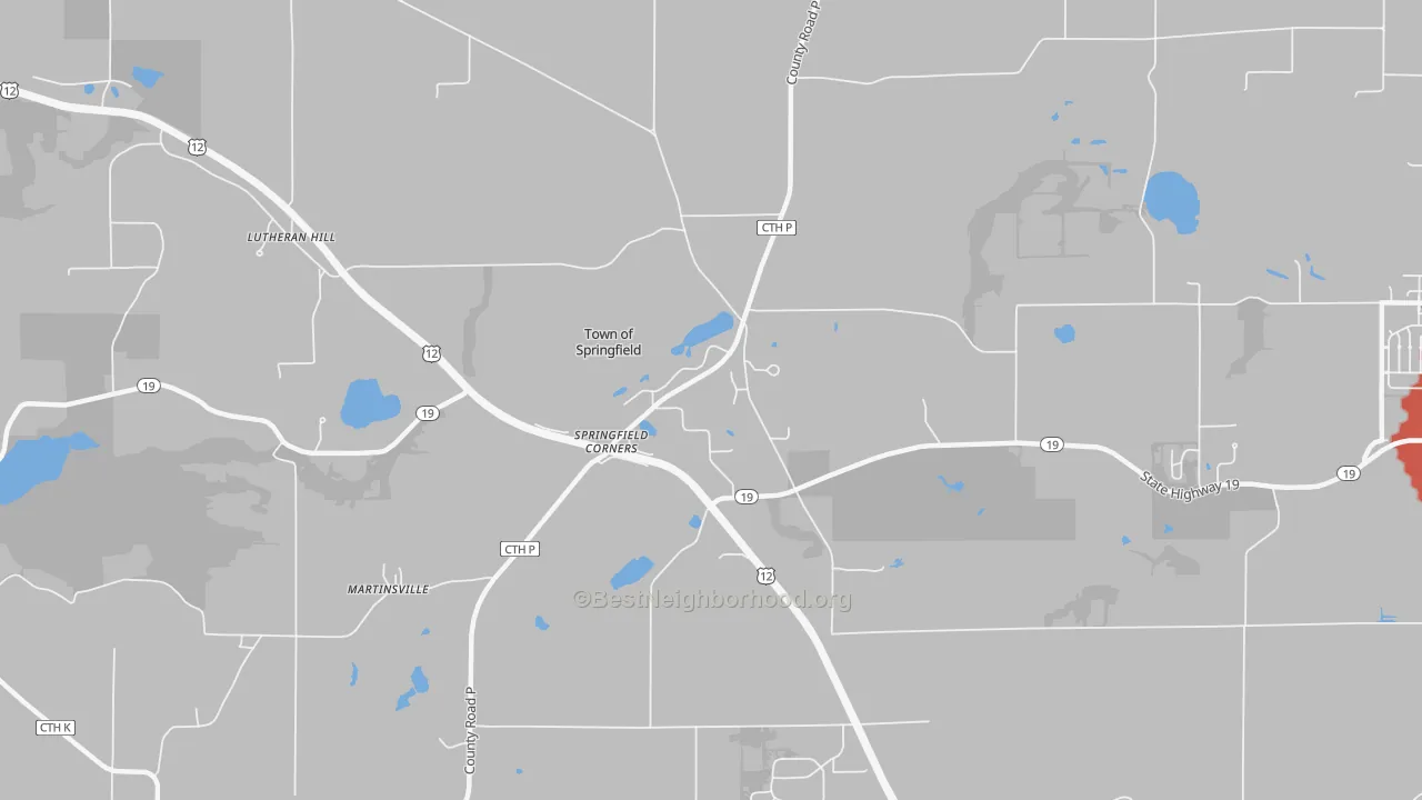 Walk Grade map of Springfield Corners, WI, walkable areas in green and car-dependent areas in red