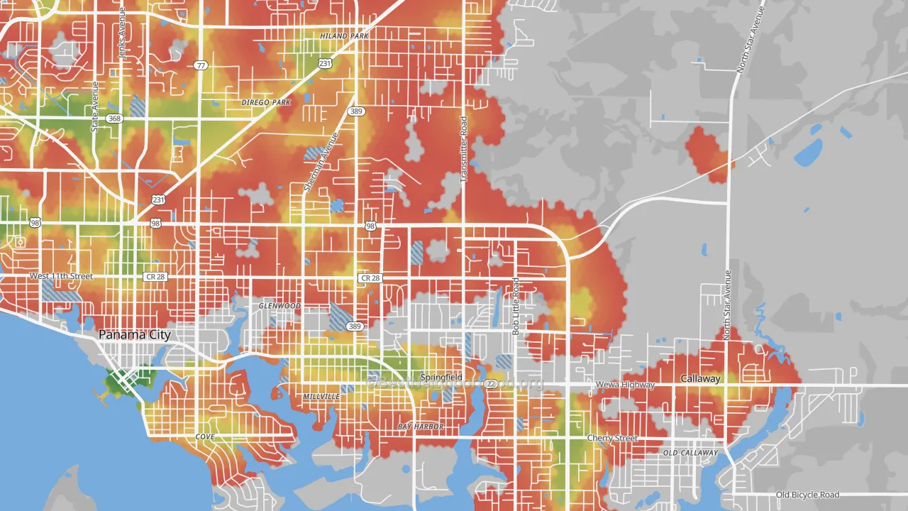 Walk Grade map of Springfield, FL, walkable areas in green and car-dependent areas in red