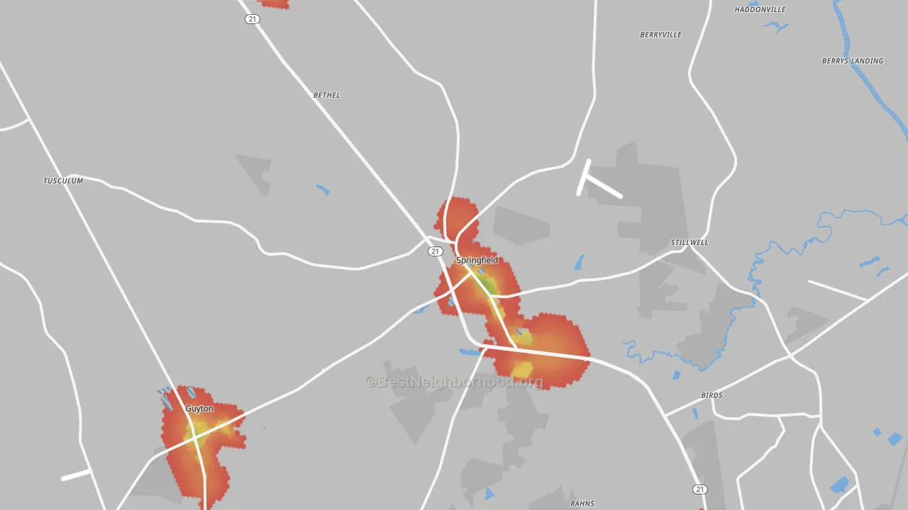 Walk Grade map of Springfield, GA, walkable areas in green and car-dependent areas in red