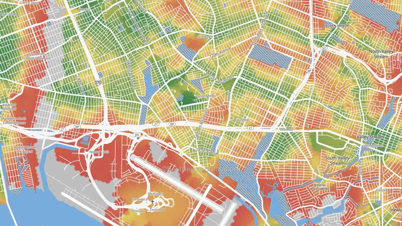 Walk Grade map of Springfield Gardens, Queens, NY, walkable areas in green and car-dependent areas in red
