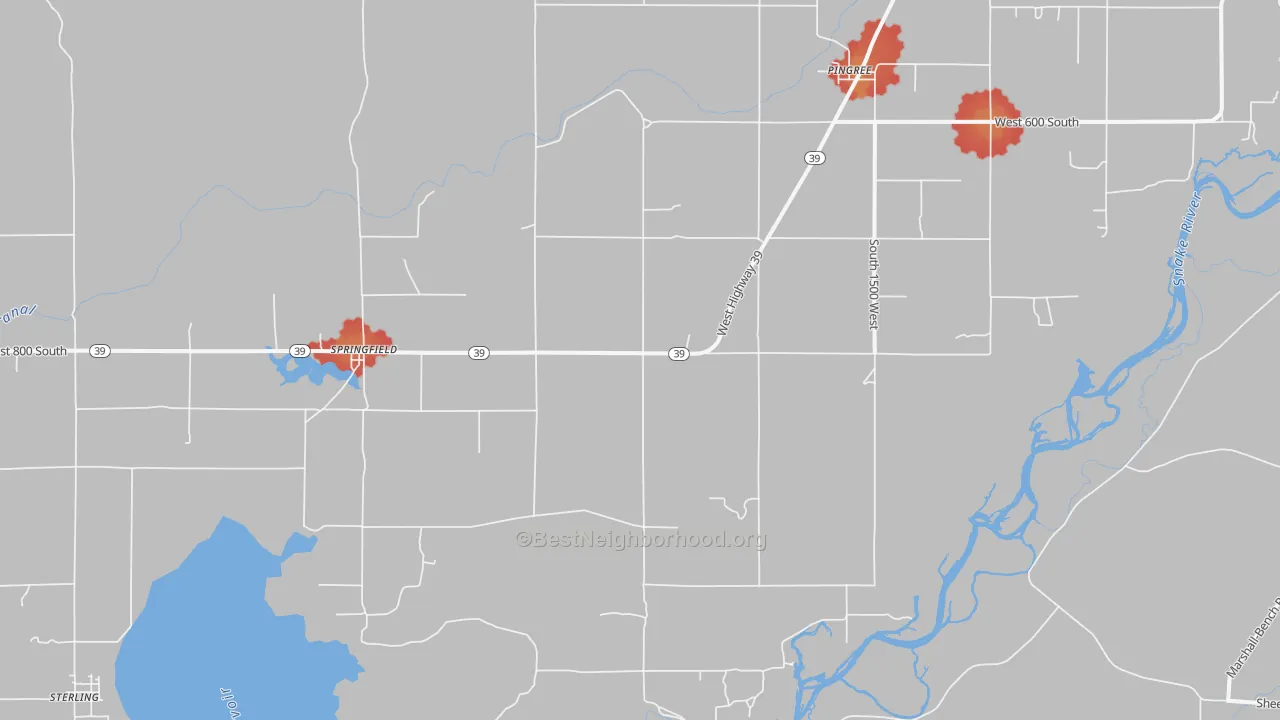 Walk Grade map of Springfield, ID, walkable areas in green and car-dependent areas in red