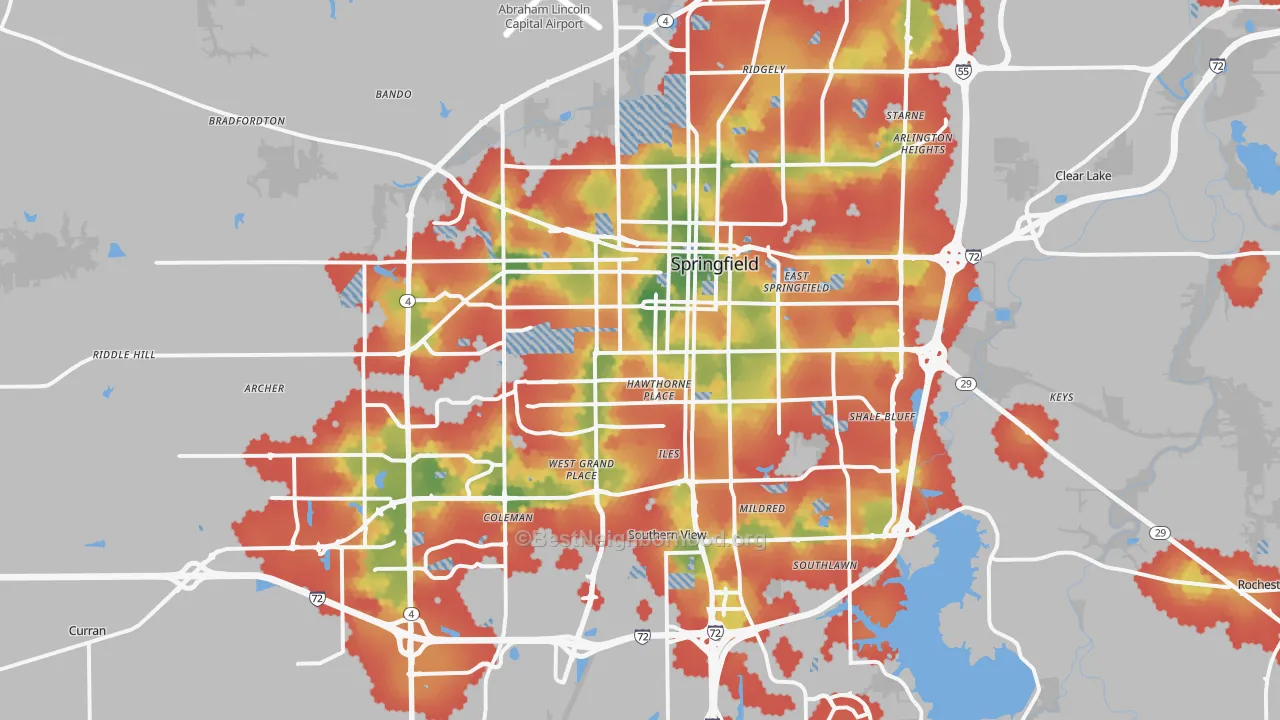 Walk Grade map of Springfield, IL, walkable areas in green and car-dependent areas in red