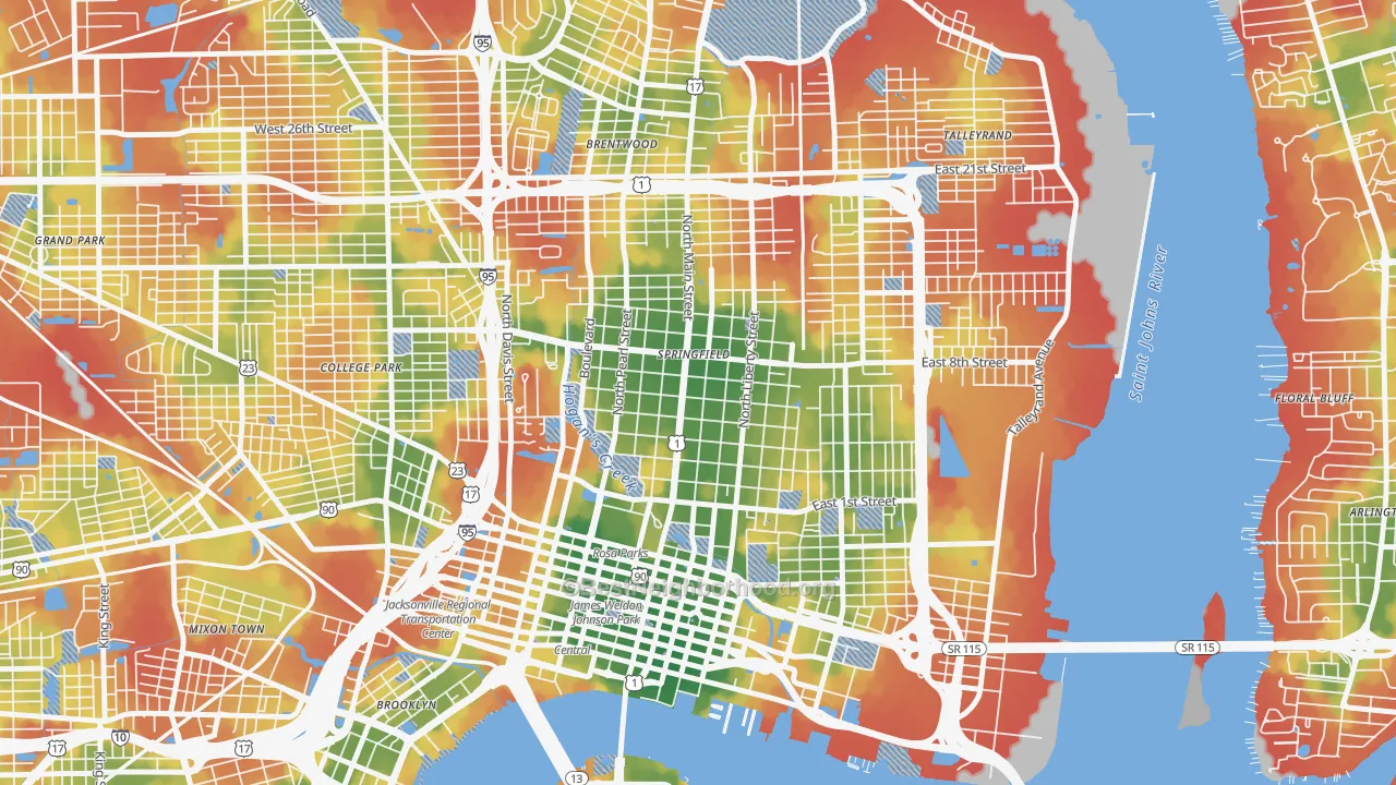 Walk Grade map of Springfield, Jacksonville, FL, walkable areas in green and car-dependent areas in red
