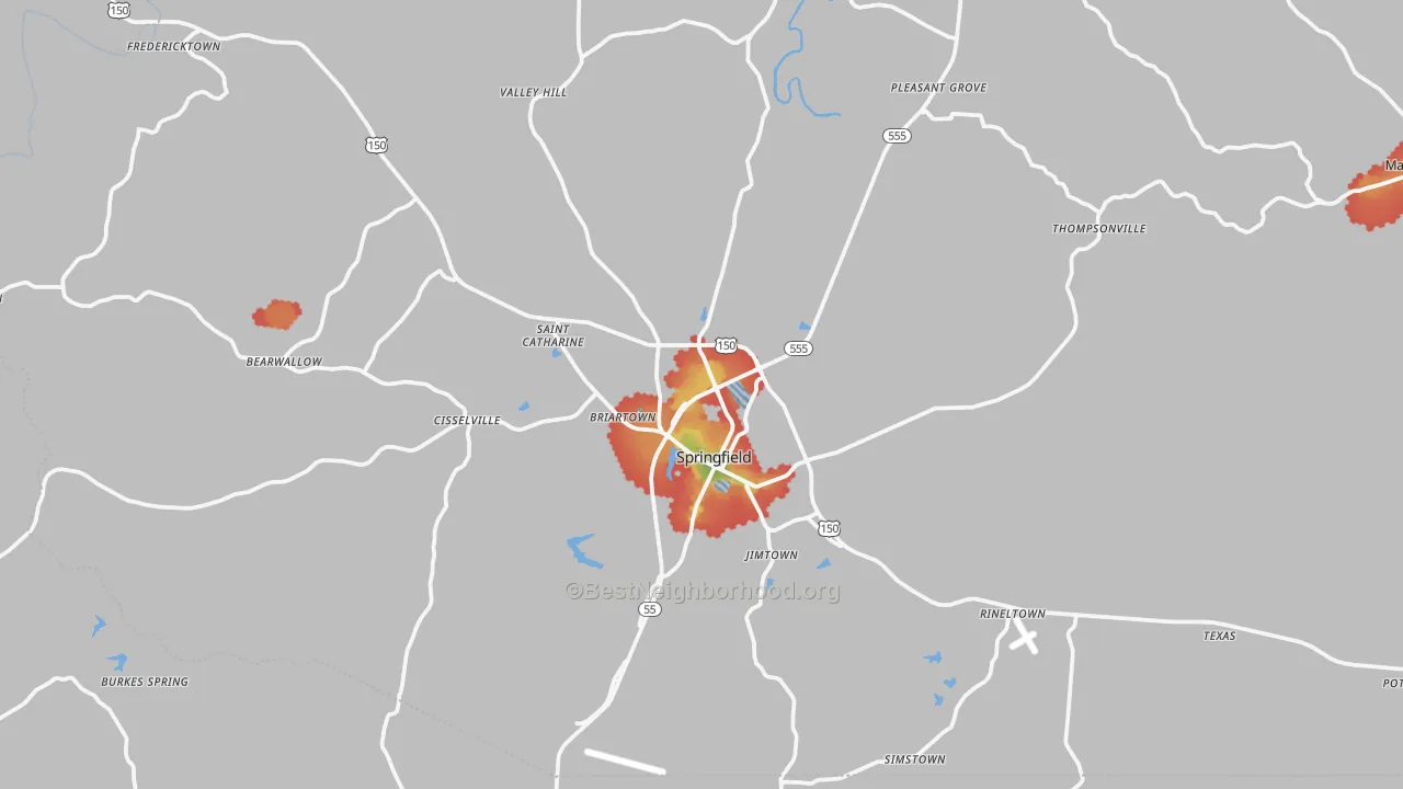 Walk Grade map of Springfield, KY, walkable areas in green and car-dependent areas in red