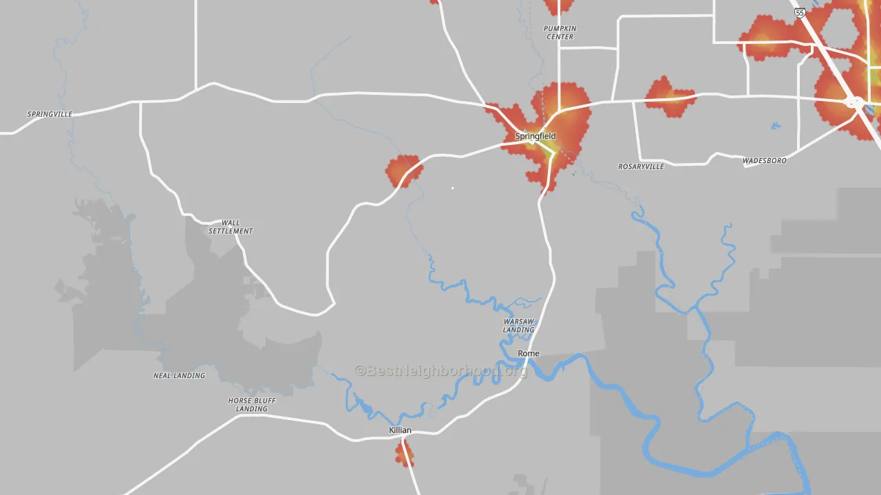 Walk Grade map of Springfield, LA, walkable areas in green and car-dependent areas in red
