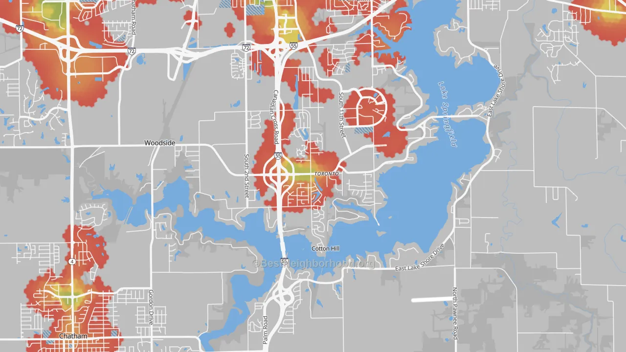 Walk Grade map of Springfield Lake Shore Improvement, Springfield, IL, walkable areas in green and car-dependent areas in red