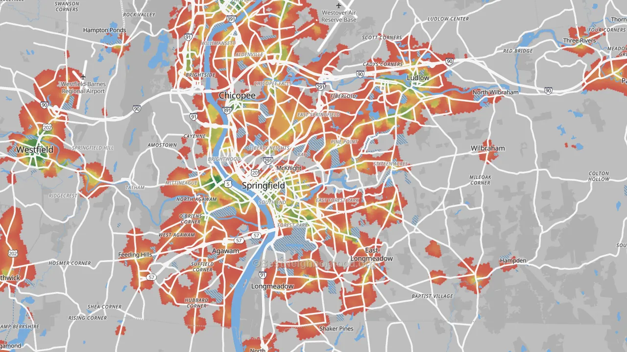 Walk Grade map of Springfield, MA, walkable areas in green and car-dependent areas in red