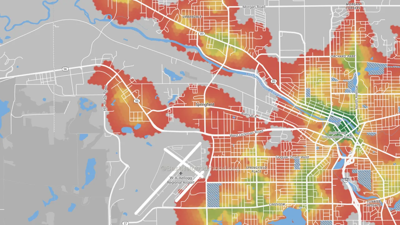 Walk Grade map of Springfield, MI, walkable areas in green and car-dependent areas in red