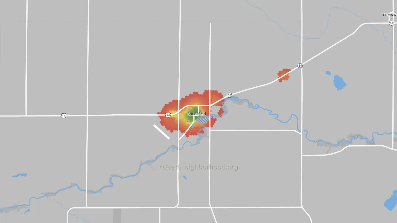 Walk Grade map of Springfield, MN, walkable areas in green and car-dependent areas in red