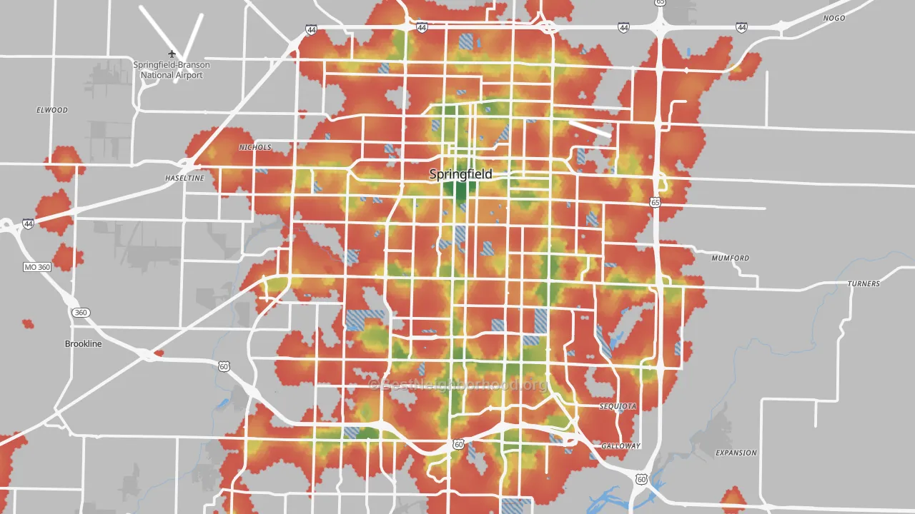 Walk Grade map of Springfield, MO, walkable areas in green and car-dependent areas in red
