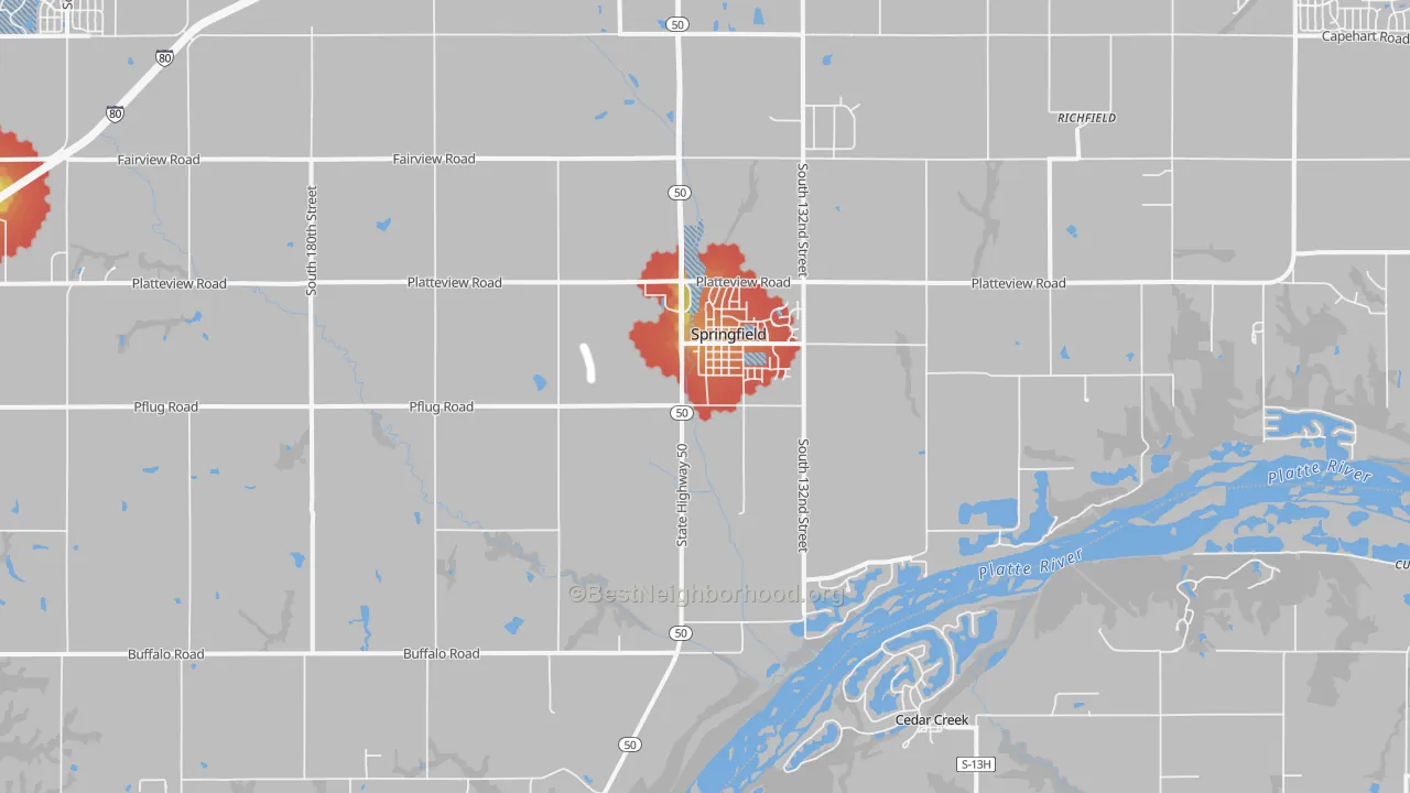 Walk Grade map of Springfield, NE, walkable areas in green and car-dependent areas in red
