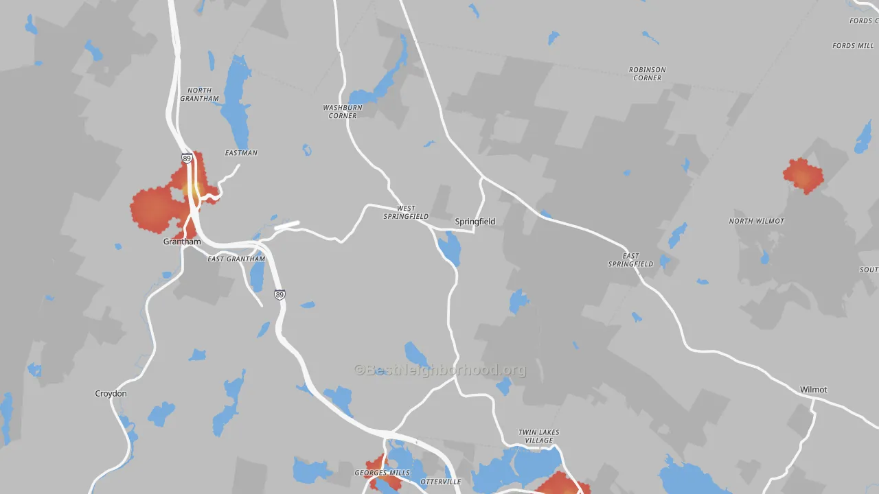 Walk Grade map of Springfield, NH, walkable areas in green and car-dependent areas in red