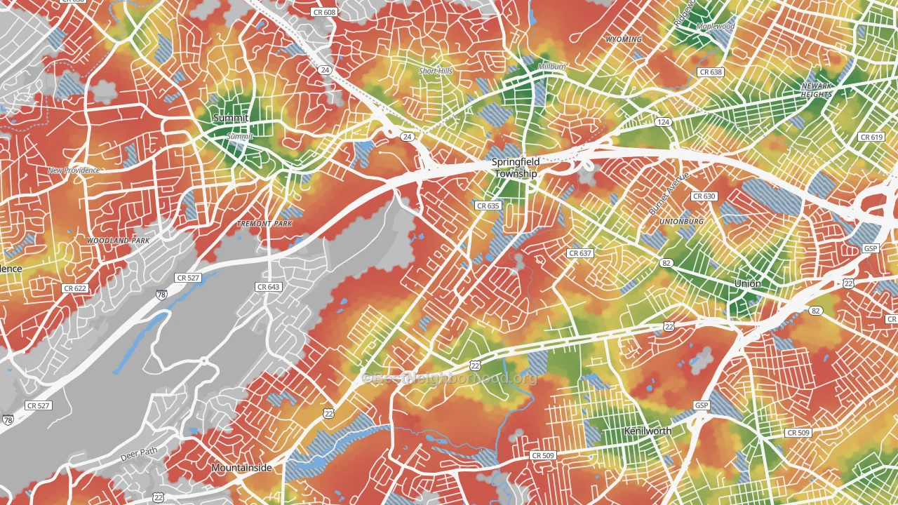 Walk Grade map of Springfield, NJ, walkable areas in green and car-dependent areas in red