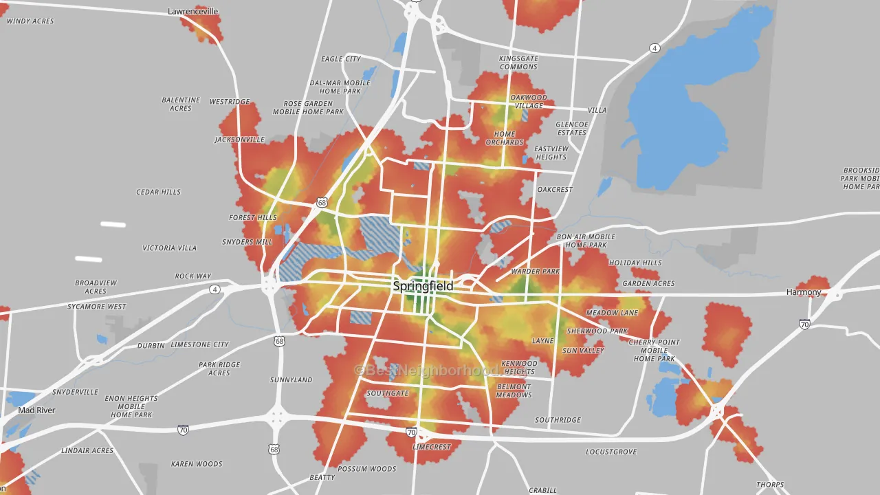 Walk Grade map of Springfield, OH, walkable areas in green and car-dependent areas in red