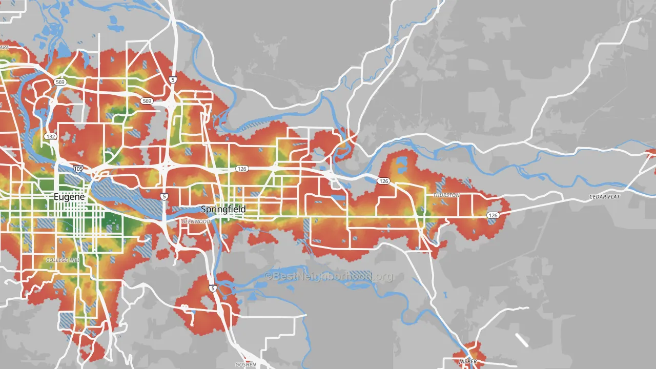Walk Grade map of Springfield, OR, walkable areas in green and car-dependent areas in red