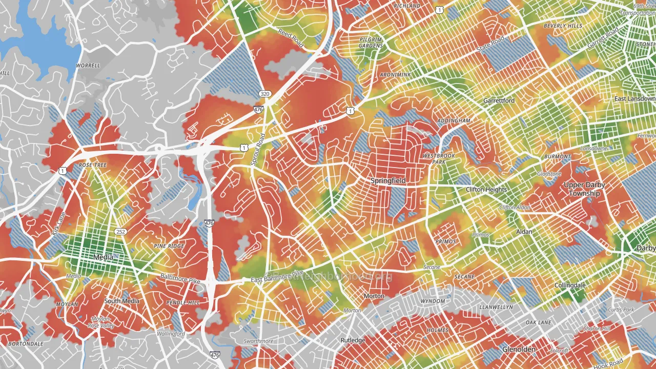 Walk Grade map of Springfield, PA, walkable areas in green and car-dependent areas in red