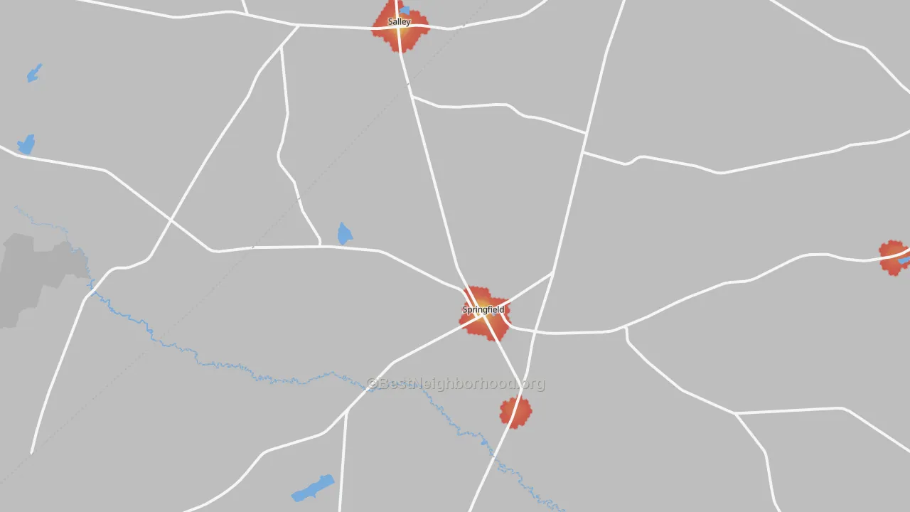 Walk Grade map of Springfield, SC, walkable areas in green and car-dependent areas in red