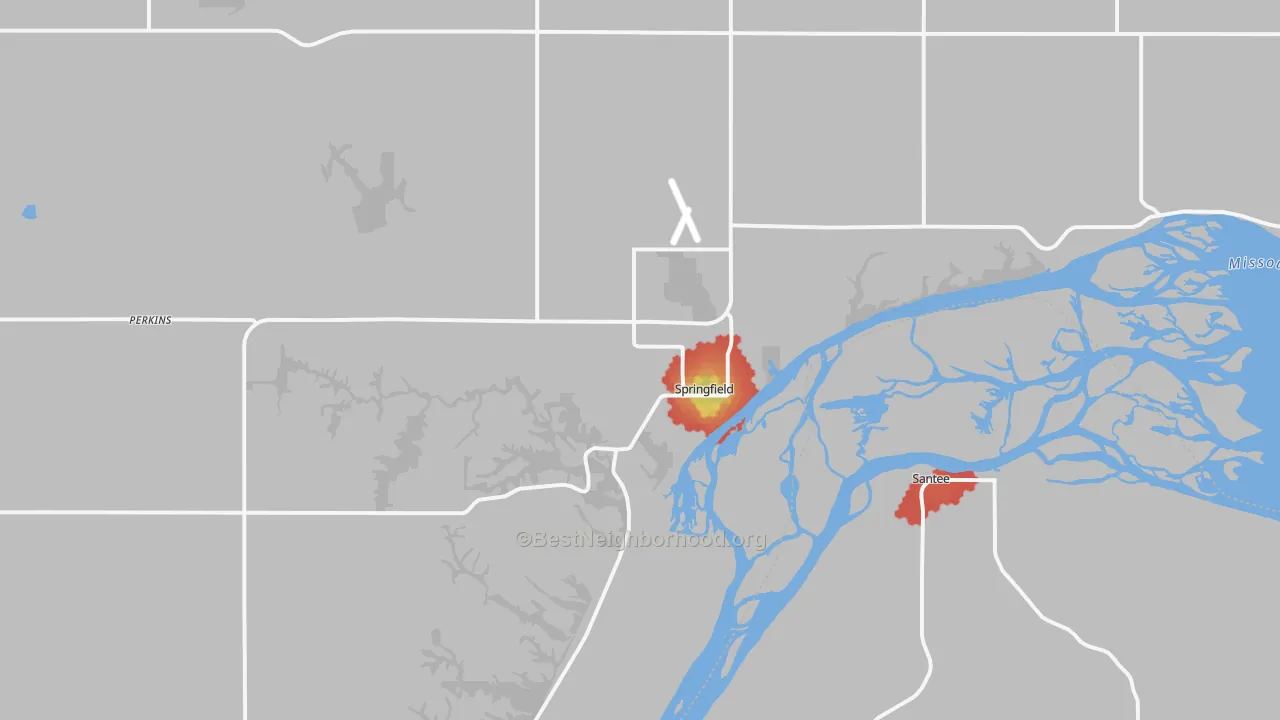 Walk Grade map of Springfield, SD, walkable areas in green and car-dependent areas in red