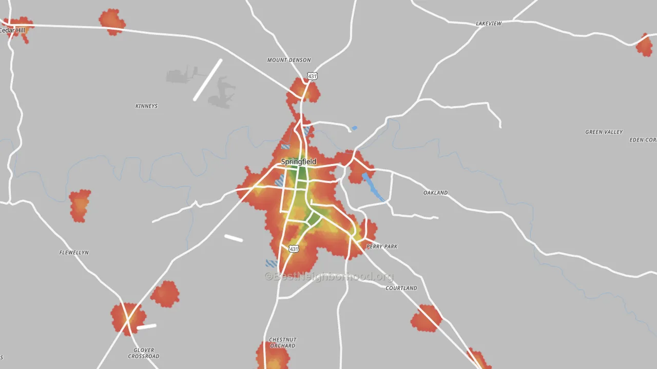 Walk Grade map of Springfield, TN, walkable areas in green and car-dependent areas in red