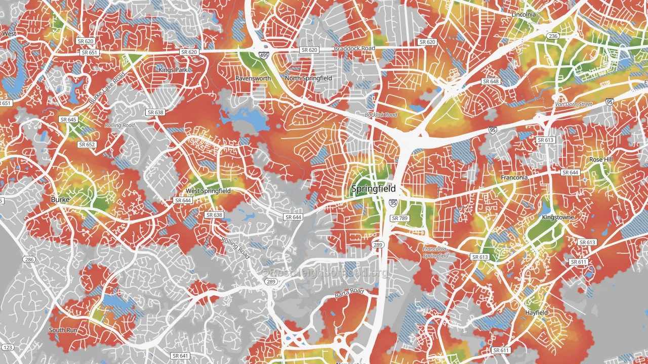 Walk Grade map of Springfield, VA, walkable areas in green and car-dependent areas in red