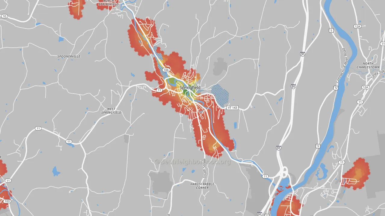 Walk Grade map of Springfield, VT, walkable areas in green and car-dependent areas in red