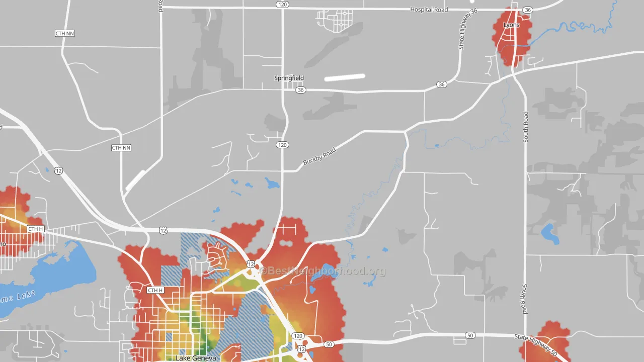 Walk Grade map of Springfield, WI, walkable areas in green and car-dependent areas in red