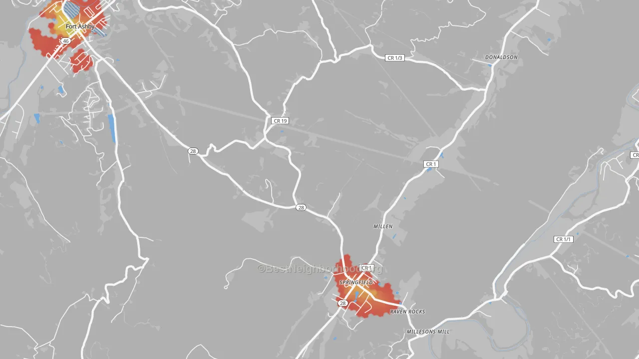 Walk Grade map of Springfield, WV, walkable areas in green and car-dependent areas in red