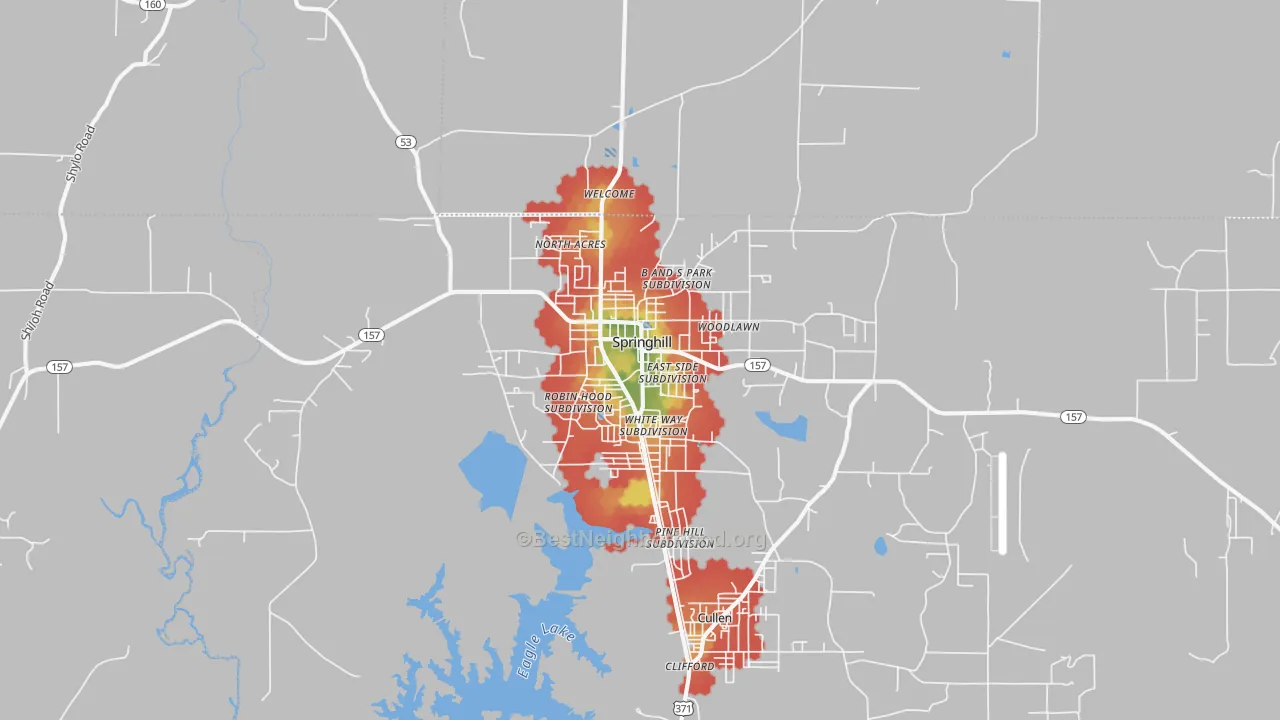 Walk Grade map of Springhill, LA, walkable areas in green and car-dependent areas in red