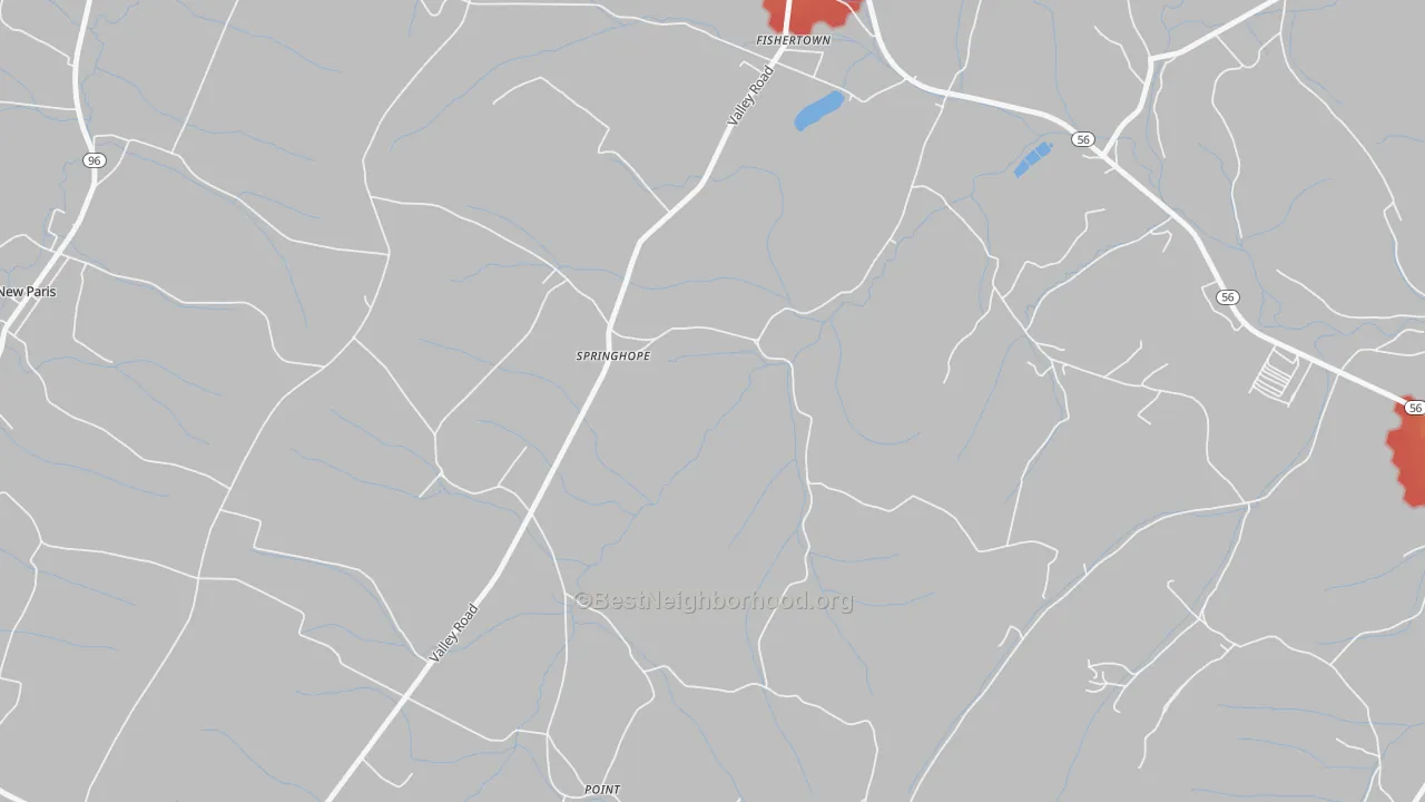 Walk Grade map of Springhope, PA, walkable areas in green and car-dependent areas in red