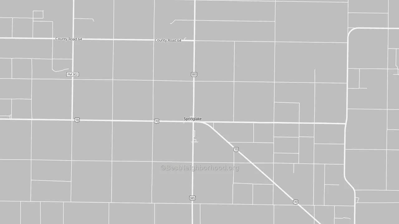 Walk Grade map of Springlake, TX, walkable areas in green and car-dependent areas in red