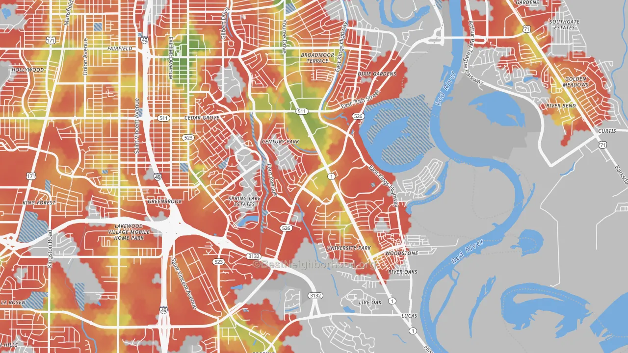 Walk Grade map of Springlake-University Terrace, Shreveport, LA, walkable areas in green and car-dependent areas in red