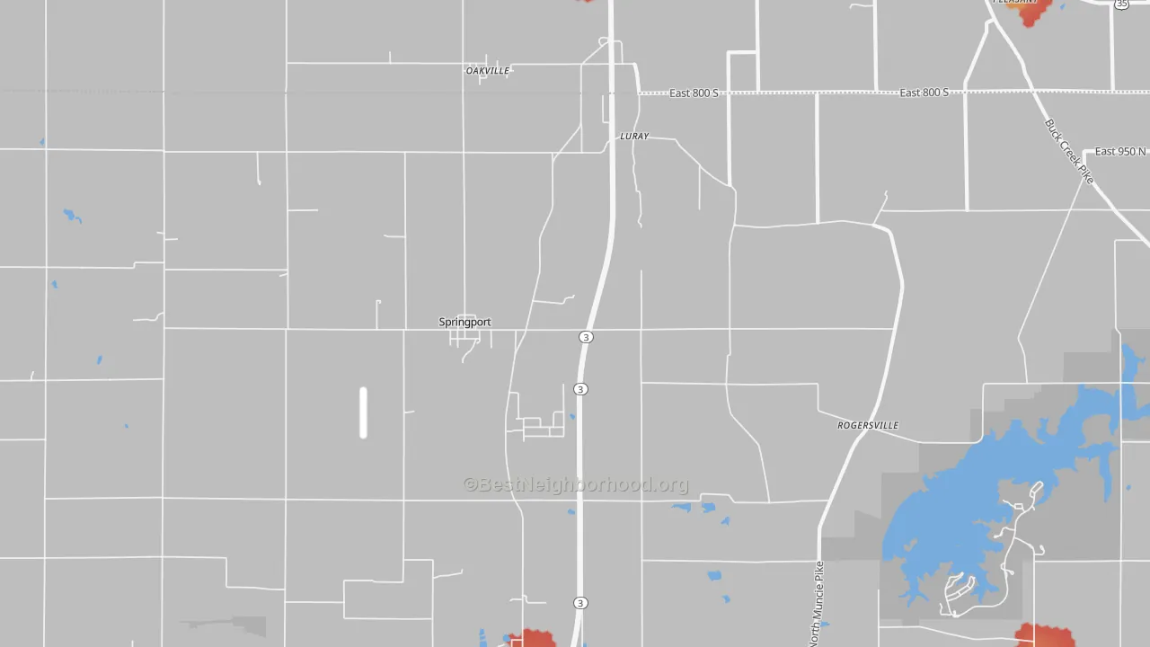 Walk Grade map of Springport, IN, walkable areas in green and car-dependent areas in red