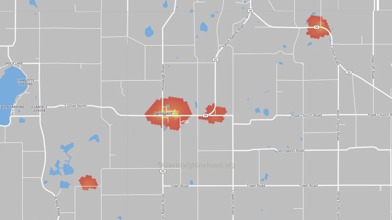 Walk Grade map of Springport, MI, walkable areas in green and car-dependent areas in red