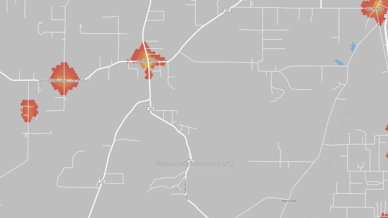 Walk Grade map of Springridge, LA, walkable areas in green and car-dependent areas in red