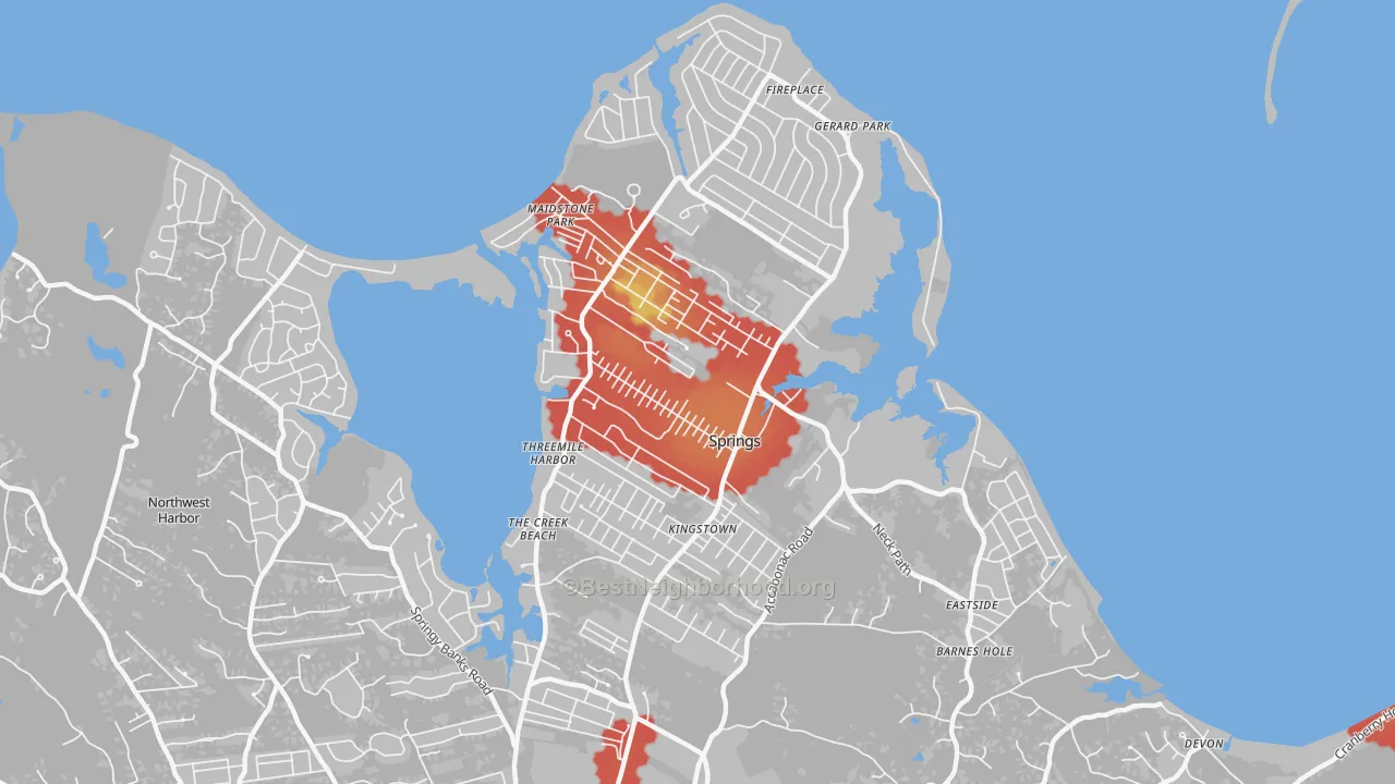 Walk Grade map of Springs, NY, walkable areas in green and car-dependent areas in red