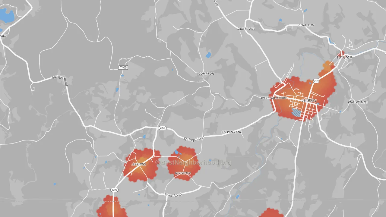 Walk Grade map of Springs, PA, walkable areas in green and car-dependent areas in red