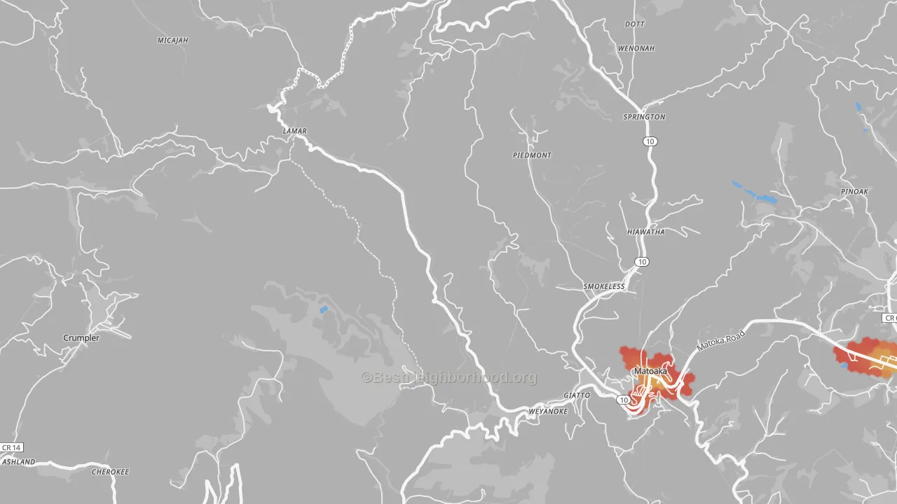 Walk Grade map of Springton, WV, walkable areas in green and car-dependent areas in red