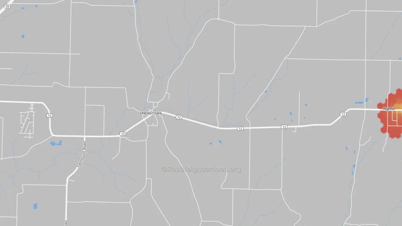 Walk Grade map of Springtown, AR, walkable areas in green and car-dependent areas in red