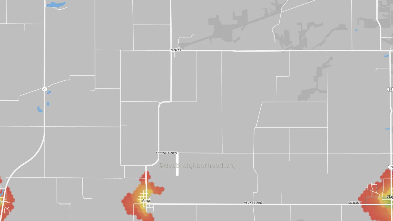 Walk Grade map of Springtown, IN, walkable areas in green and car-dependent areas in red