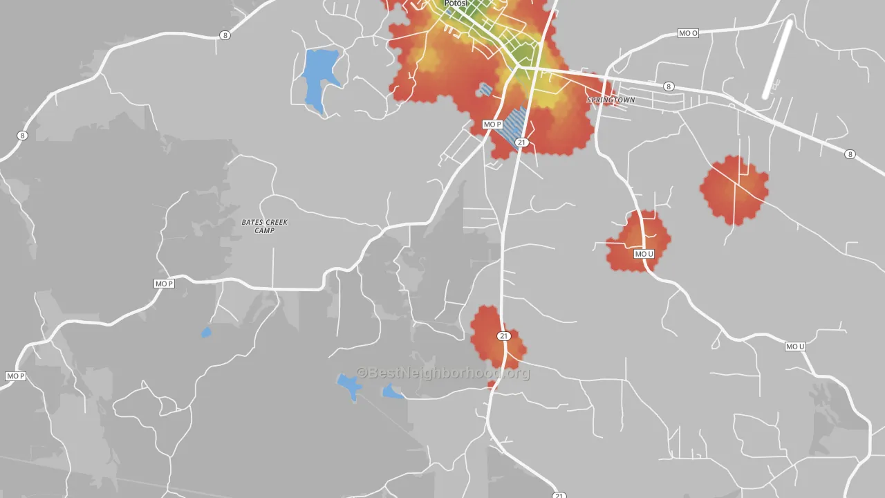 Walk Grade map of Springtown, MO, walkable areas in green and car-dependent areas in red