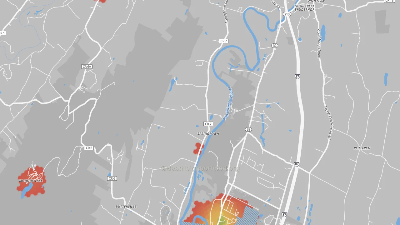 Walk Grade map of Springtown, NY, walkable areas in green and car-dependent areas in red