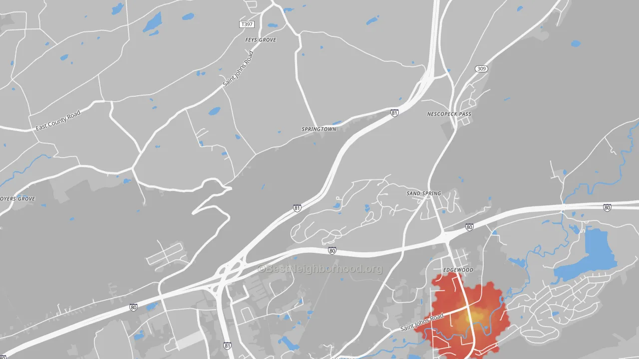 Walk Grade map of Springtown, PA, walkable areas in green and car-dependent areas in red