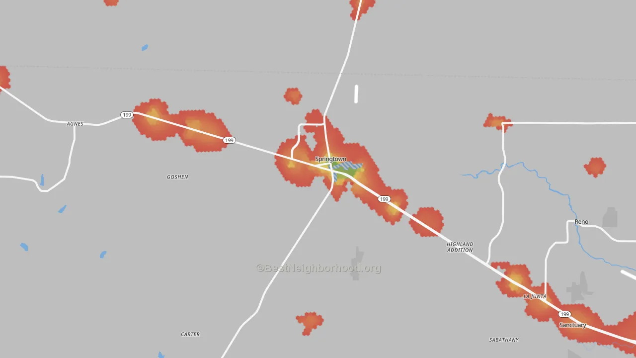 Walk Grade map of Springtown, TX, walkable areas in green and car-dependent areas in red