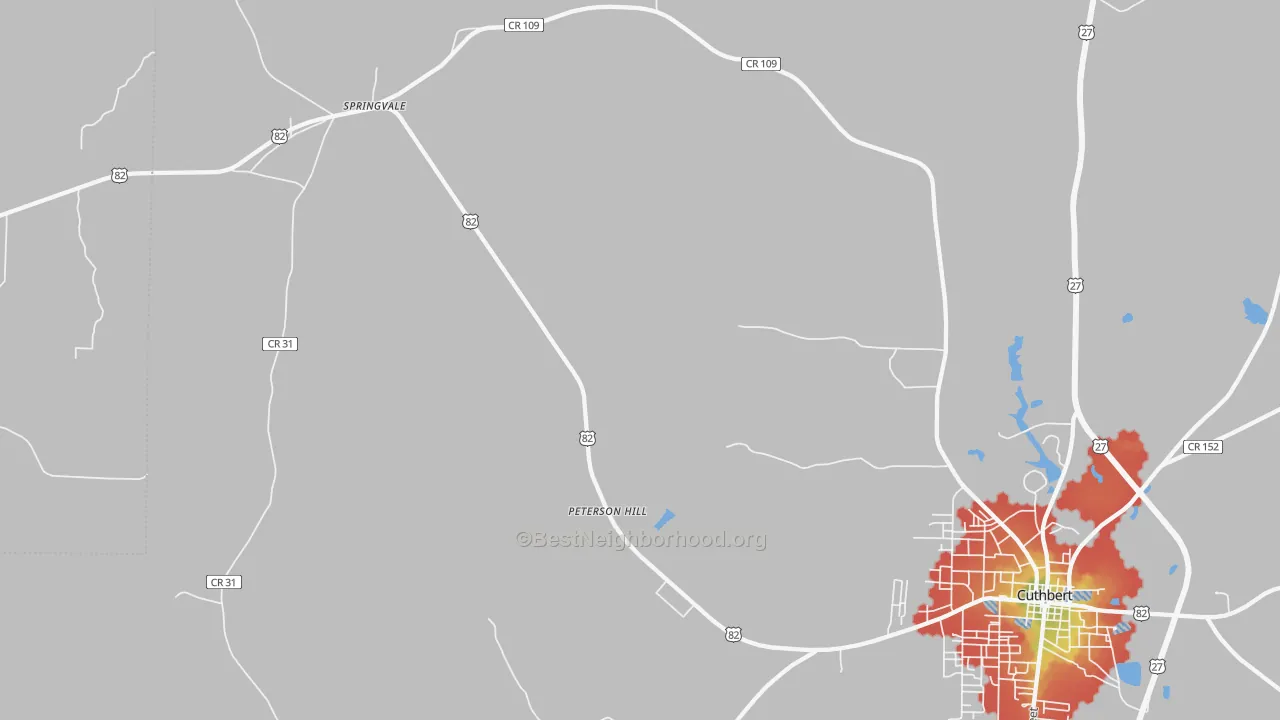 Walk Grade map of Springvale, GA, walkable areas in green and car-dependent areas in red
