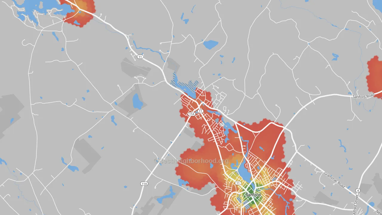 Walk Grade map of Springvale, ME, walkable areas in green and car-dependent areas in red